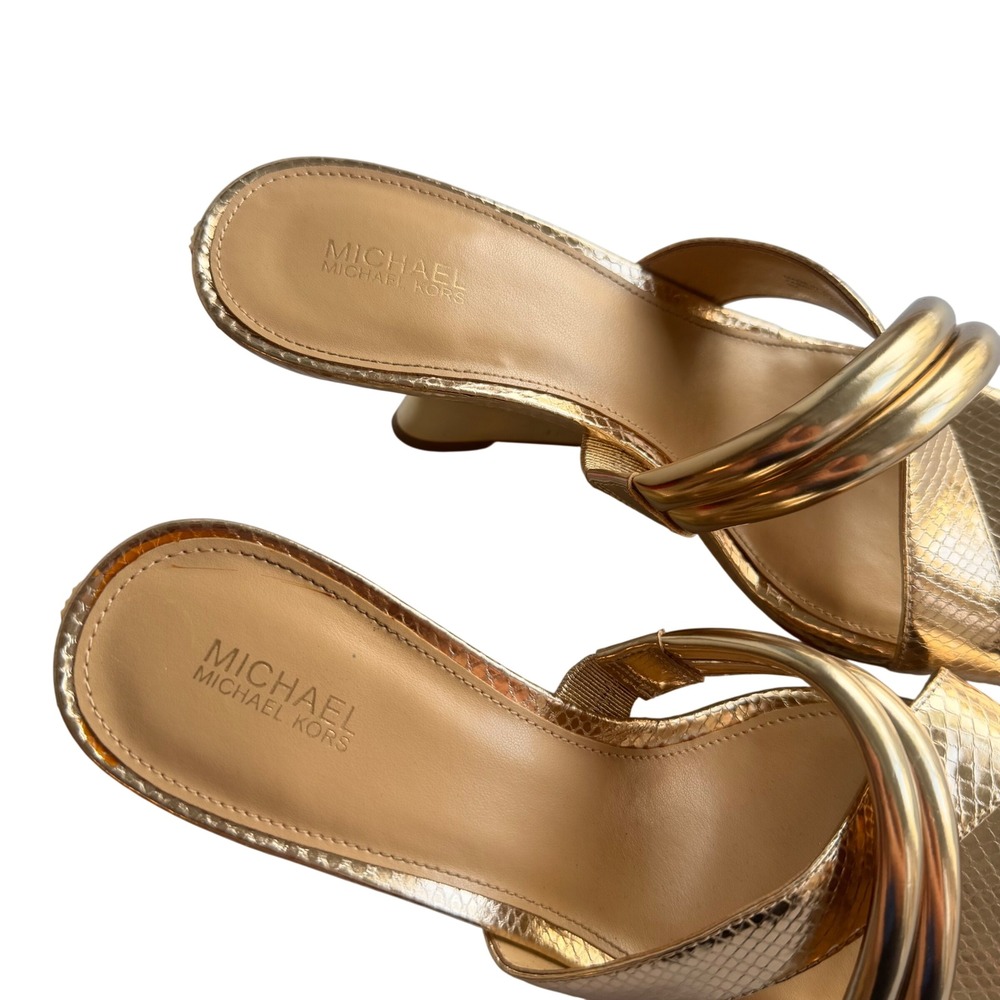 Michael Kors Gold Wedge Sandals Snakeskin Embossed Metallic Mules Womens 9M - Picture 3 of 8